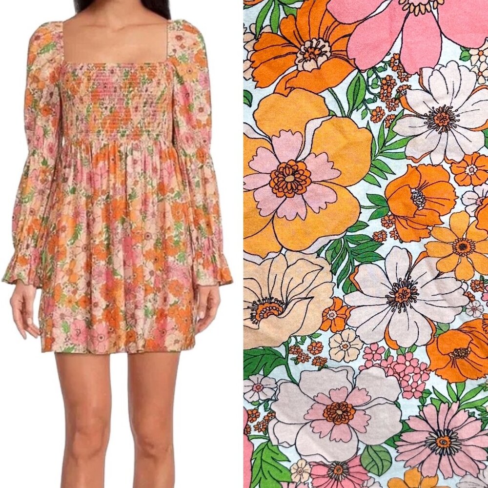 Gianni Bini Jade Floral Print Square Neck Puff Sleeve Smocked Mini Dress-Size S